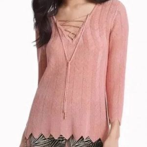 ⭐️ White House Black Market Lace Up Knit Tunic Top Pink Shimmer Scalloped Hem SM